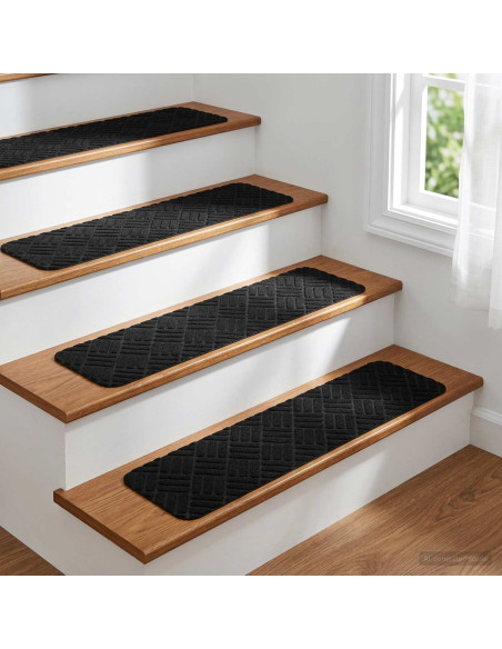 Tappeti per scale 15 pz 76 x 20 cm Nero Poliestere Rettangolare