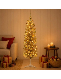 Albero di Natale Slim artificiale con palline 150 cm 150 LED