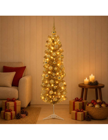 Albero di Natale Slim artificiale con palline 150 cm 150 LED
