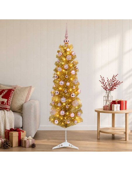Albero di Natale Slim artificiale con palline 150 cm 150 LED