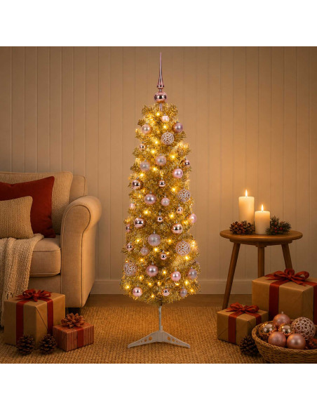 Albero di Natale Slim artificiale con palline 150 cm 150 LED