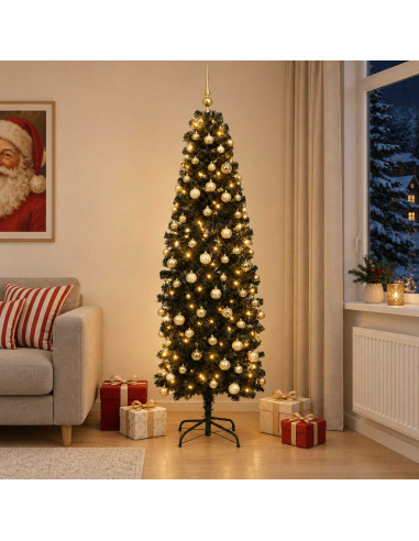 Albero di Natale Artificiale Slim con Palline 240 cm 300 LED