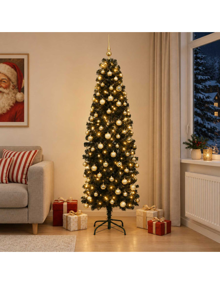 Albero di Natale Artificiale Slim con Palline 240 cm 300 LED