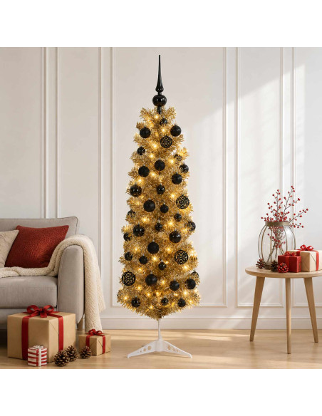 Albero di Natale Slim artificiale con palline 150 cm 150 LED