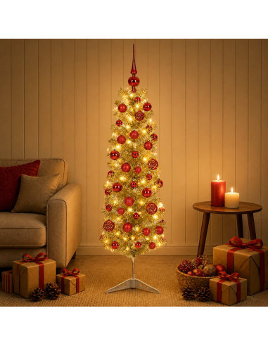 Albero di Natale Slim artificiale con palline 150 cm 150 LED