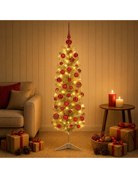 Albero di Natale Slim artificiale con palline 150 cm 150 LED