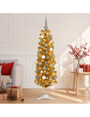 Albero di Natale Slim artificiale con palline 150 cm 150 LED