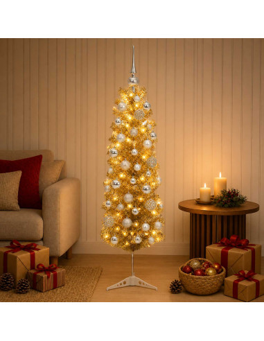 Albero di Natale Slim artificiale con palline 150 cm 150 LED