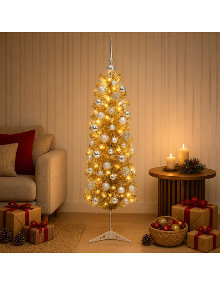 Albero di Natale Slim artificiale con palline 150 cm 150 LED