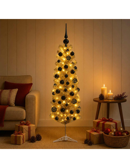 Albero di Natale Slim artificiale con palline 150 cm 150 LED