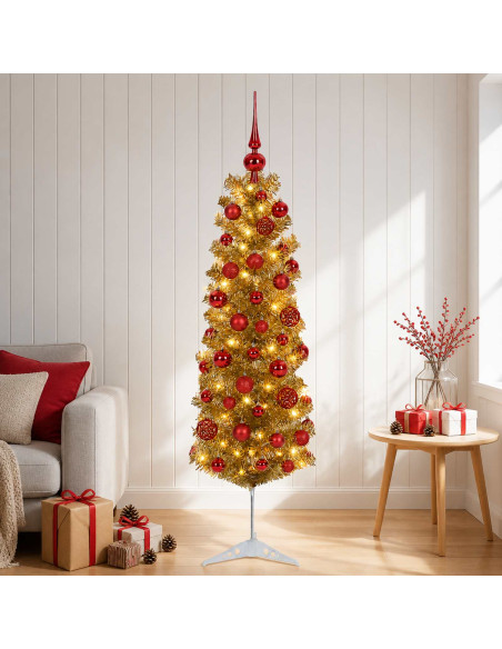 Albero di Natale Slim artificiale con palline 150 cm 150 LED