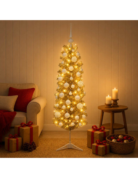 Albero di Natale Slim artificiale con palline 150 cm 150 LED