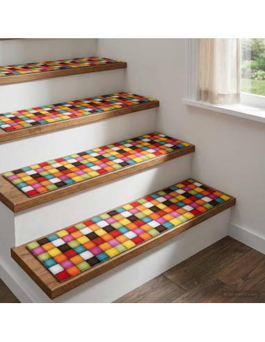 Tappeti per scale 15 pz 76 x 20 cm Motivo a blocchi colorati