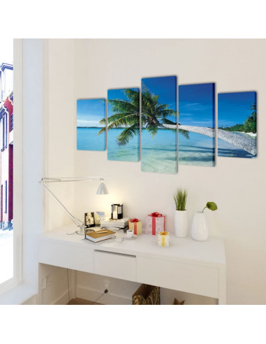 5 pz Set Stampa su Tela da Muro Spiaggia con Palma 200 x 100 cm