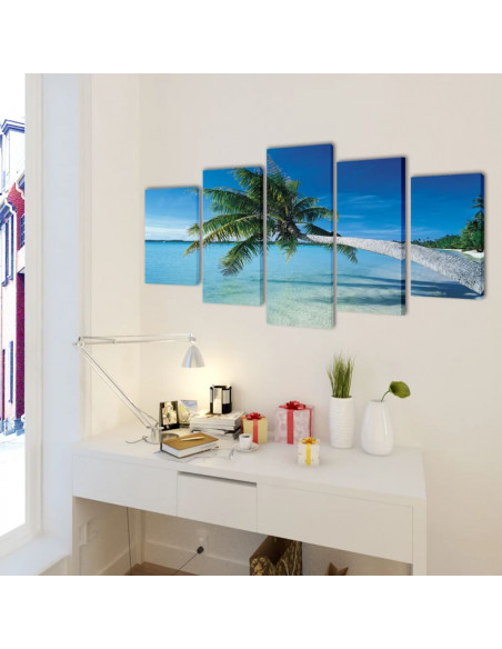 5 pz Set Stampa su Tela da Muro Spiaggia con Palma 200 x 100 cm