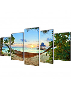 5 pz Set Stampa su Tela da Muro Spiaggia di Sabbia con Amaca 200x100cm
