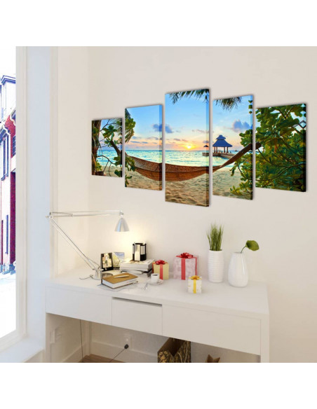 5 pz Set Stampa su Tela da Muro Spiaggia di Sabbia con Amaca 200x100cm