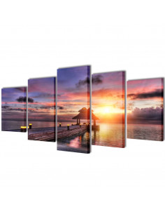 5 pz Set Stampa su Tela da Muro Spiaggia con Padiglione 200 x 100 cm