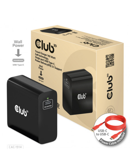 CLUB 3D TRAVEL CHARGER 140 WATT GaN TECHNOLOGY SINGLE PORT USB TYPE-C POWER DELIVERY(PD) 3.1 SUPPORT