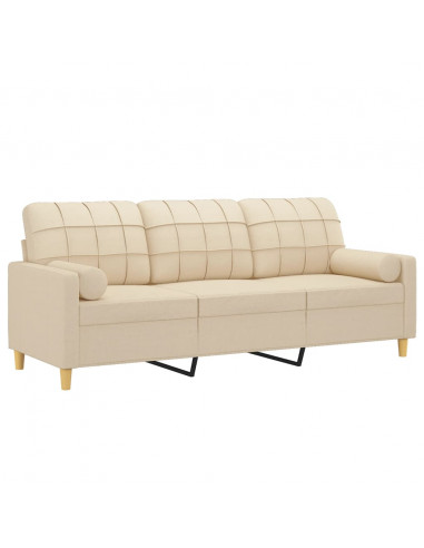 Divano a 3 Posti con Cuscini Crema 180 cm in Tessuto