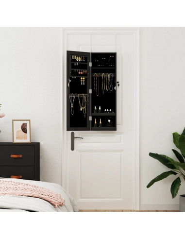 Armadio Portagioie con Specchio a Muro Nero 30x8,5x90 cm