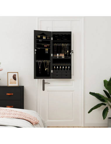 Armadio Portagioie con Specchio a Muro Nero 37,5x10x90 cm