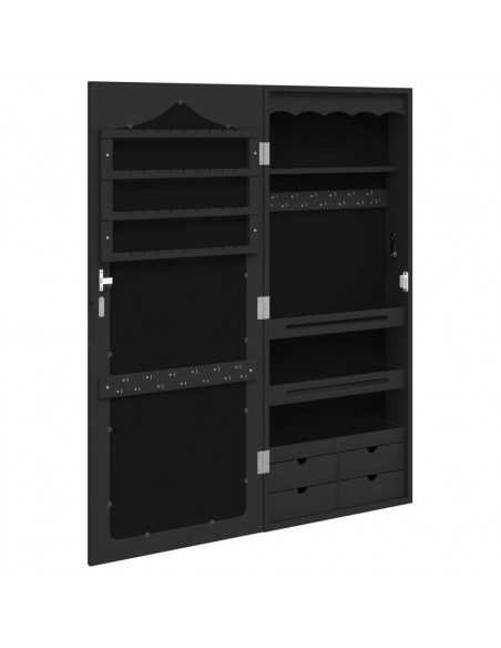 Armadio Portagioie con Specchio a Muro Nero 37,5x10x90 cm