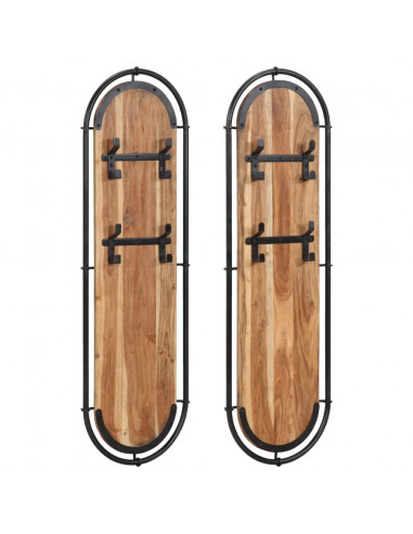 Appendiabiti da Parete con 4 Ganci 2pz Legno Massello Acacia