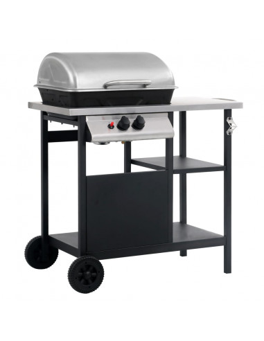 Barbecue e Griglia a Gas a 3 Ripiani Tavolinetto Nero e Argento