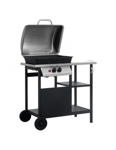 Barbecue e Griglia a Gas a 3 Ripiani Tavolinetto Nero e Argento