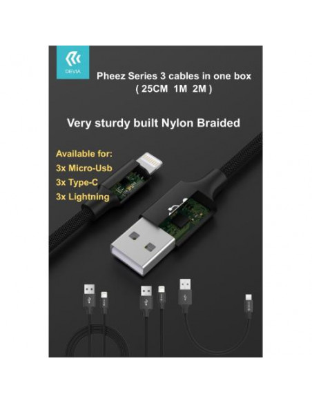 DEVIA PHEEZ SET 3 CAVI 5 V. 2,1A LIGHTNING 25CM - 1MT - 2MT GRIGI