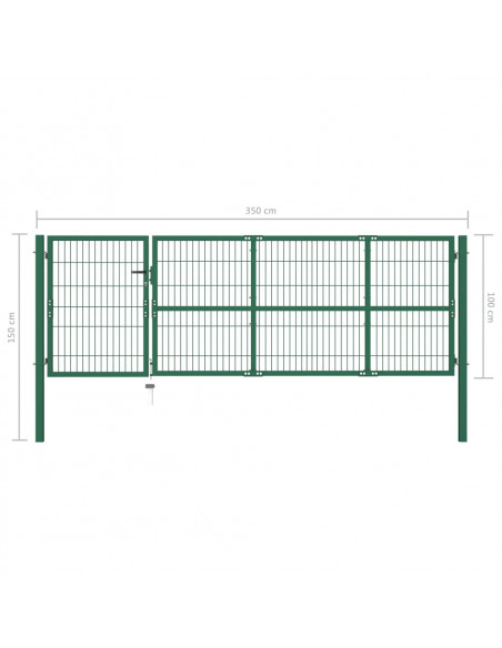 Cancello di Recinzione con Paletti 350x100 cm in Acciaio Verde