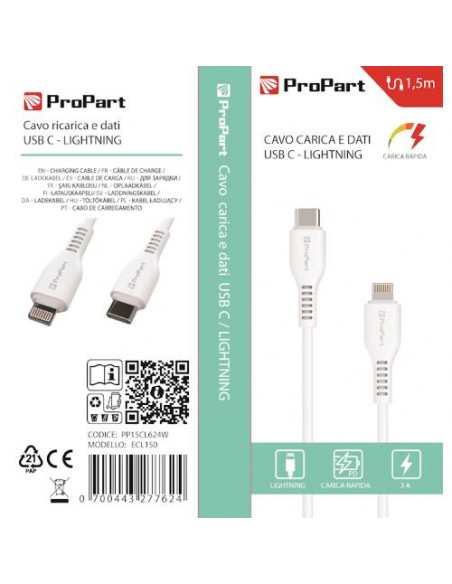 ProPart Cavo Lightning - Tipo-C 3A 1.5mt Carica Rapida e dati Bianco