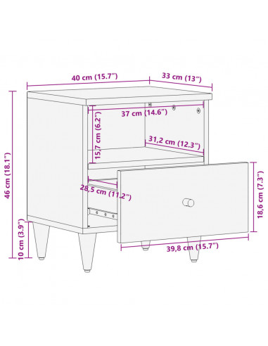 Comodino 40x33x46 cm in Legno Massello di Mango