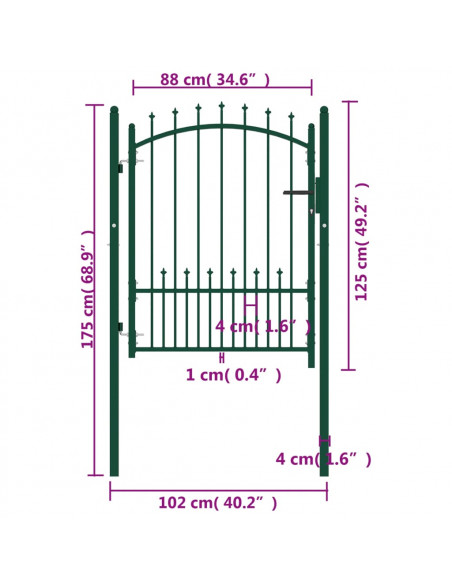 Cancello per Recinzione con Punte in Acciaio 100x125 cm Verde