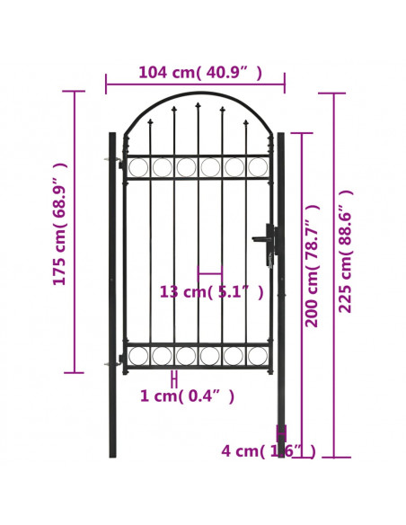 Cancello per Recinzione ad Arco in Acciaio 100x175 cm Nero