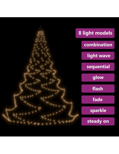 Albero da Parete con Gancio Metallico 260 LED Bianco Caldo 3 m