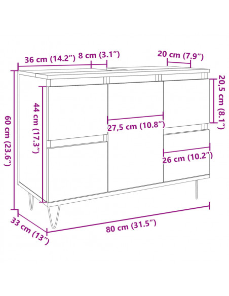 Armadietto da Bagno Grigio Cemento 80x33x60cm in Truciolato