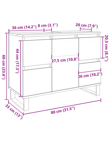 Armadietto da Bagno Grigio Cemento 80x33x60cm Legno Multistrato