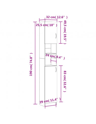 Armadio da Bagno Bianco 32x25,5x190 cm in Legno Multistrato