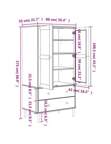 Armadio SENJA Aspetto Rattan Nero 90x55x175 cm Massello Pino