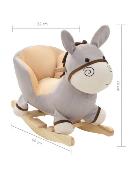 Asino a Dondolo con Schienale in Peluche 60x32x55 cm Grigio