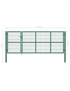 Cancello di Recinzione con Paletti 350x120 cm in Acciaio Verde