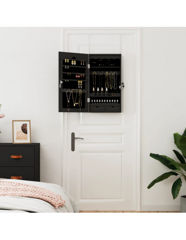 Armadio Portagioie con Specchio a Muro Nero 37,5x10x67 cm