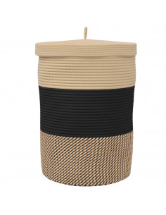 Cestino Portaoggetti con Coperchio Nero e Beige Ø37x50cm Cotone