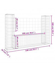 Cesto Gabbione a U con 2 Pali in Ferro 140x20x100 cm