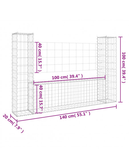 Cesto Gabbione a U con 2 Pali in Ferro 140x20x100 cm