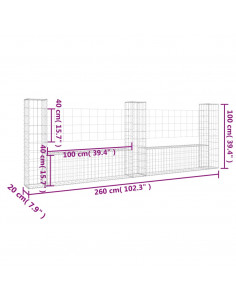 Cesto Gabbione a U con 3 Pali in Ferro 260x20x100 cm