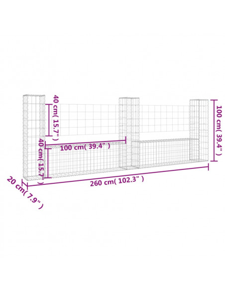 Cesto Gabbione a U con 3 Pali in Ferro 260x20x100 cm