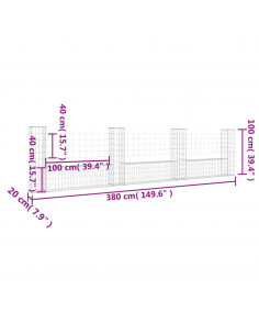 Cesto Gabbione a U con 4 Pali in Ferro 380x20x100 cm